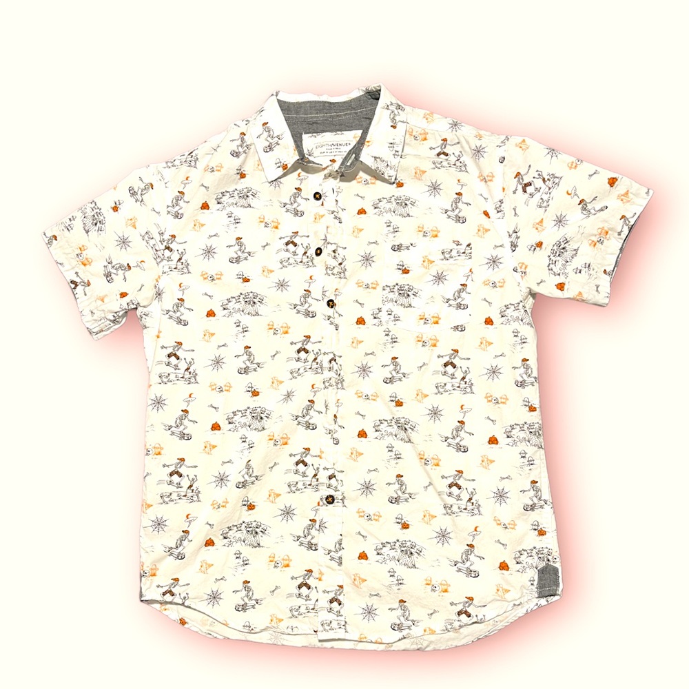 Halloween Casual Button Down White Skeletons Medium EighthAvenue Cotton Slim